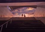  2others absurdres building clouds cloudy_sky commentary_request from_below highres kougo_ken multiple_others original railing reflection scenery shadow silhouette sky stairs standing sunset wide_shot 