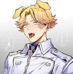  1boy absurdres animal_ears blonde_hair blue_eyes burn_scar chain collar collared_jacket dog_boy dog_ears grey_background highres inui_seishu jacket male_focus nanin open_mouth scar scar_on_face short_hair solo tokyo_revengers tongue tongue_out translation_request upper_body white_jacket 