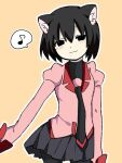  1girl :3 animal_ear_fluff animal_ears arm_at_side bad_id bad_pixiv_id black_eyes black_hair black_necktie black_pantyhose black_skirt black_undershirt blush bob_cut breasts cat_ears cat_girl closed_mouth commentary cowboy_shot empty_eyes hair_between_eyes head_tilt kemonomimi_mode light_smile monogatari_(series) musical_note naoetsu_high_school_uniform necktie orange_background oshino_ougi pantyhose pink_shirt pleated_skirt puffy_sleeves school_uniform sensu_maru shirt short_hair sketch skirt sleeves_past_fingers sleeves_past_wrists small_breasts smile solo speech_bubble spoken_musical_note turtleneck very_long_sleeves 