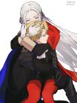  1boy 1girl black_jacket black_shorts blonde_hair blue_cape cape closed_eyes couple dimitri_alexandre_blaiddyd edelgard_von_hresvelg fire_emblem fire_emblem:_three_houses floating_hair garreg_mach_monastery_uniform gauntlets gloves hetero highres hug ikaikakka jacket long_hair pantyhose parted_lips red_cape red_pantyhose short_hair short_shorts shorts shoulder_cape sitting sitting_on_lap sitting_on_person twitter_username very_long_hair white_gloves white_hair 