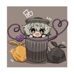  1girl bright_pupils fish_skeleton frilled_sleeves frills green_eyes green_hair hair_between_eyes happy heart highres in_trash_can komeiji_koishi long_sleeves medium_hair open_mouth shirt short_eyebrows simple_background skeleton sleeves_past_wrists smile third_eye tongue touhou trash trash_bag trash_can two-tone_background white_background zunusama 