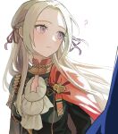  1girl ? black_jacket cape closed_mouth dimitri_alexandre_blaiddyd edelgard_von_hresvelg fire_emblem fire_emblem:_three_houses floating_hair garreg_mach_monastery_uniform hair_ribbon highres ikaikakka jacket long_hair looking_at_another looking_to_the_side purple_ribbon red_cape ribbon shoulder_cape simple_background solo_focus violet_eyes white_background white_hair 