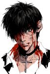  1boy black_eyes black_hair black_jacket blood blood_from_mouth blood_on_clothes blood_on_face choker collarbone collared_shirt cross cross_choker highres jacket looking_at_viewer male_focus my_nameisyoon nicholas_d._wolfwood one_eye_covered parted_lips portrait shirt short_hair simple_background sketch solo trigun white_background 