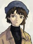  1girl absurdres asymmetrical_bangs blue_headwear brown_eyes brown_hair brown_jacket hair_ornament hat highres impasto impressionism iwakura_lain jacket looking_at_viewer portrait sanoarts serial_experiments_lain short_hair single_sidelock turtleneck white_background x_hair_ornament 