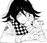  1boy 2023 absurdres bojue_(hakus_1128) checkered_clothes checkered_scarf danganronpa_(series) danganronpa_v3:_killing_harmony dated flipped_hair greyscale grin hair_between_eyes hand_on_own_cheek hand_on_own_face highres jacket long_sleeves male_focus medium_hair monochrome oma_kokichi scarf smile solo teeth w 