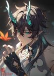 1boy antenna_hair bare_shoulders black_gloves chinese_clothes closed_mouth dan_heng_(honkai:_star_rail) dan_heng_(imbibitor_lunae)_(honkai:_star_rail) demon_horns detached_sleeves earrings fingerless_gloves gloves green_eyes hair_between_eyes highres hisehisekin honkai:_star_rail honkai_(series) horns jewelry leaf long_hair makeup male_focus maple_leaf pectoral_cleavage pectorals pointy_ears solo spoilers twitter_username upper_body