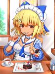  1girl beatmania beatmania_iidx blonde_hair blue_bow blue_neckerchief bow braid breasts bun_cover cake chocolate_cake collarbone copyright_name cup dark-skinned_female dark_skin double_bun drink flower food fork frills fruit hair_between_eyes hair_bow hair_bun hair_flower hair_ornament holding holding_fork kredorf looking_at_viewer maid_headdress medium_breasts neckerchief open_mouth orange_eyes plate rabbit_hair_ornament restaurant sailor_collar saucer short_hair sitting smile solo steam strawberry striped_sleeves sunflower white_sailor_collar window wrist_cuffs xiatian_(beatmania_iidx) yellow_flower 