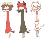  216 3girls :&lt; animal_ear_fluff animal_ears barefoot bell black_bow black_dress blush bow bracelet braid brown_eyes brown_hair cat_ears cat_girl cat_tail chen dress earrings goutokuji_mike green_headwear hair_bow hat jewelry kaenbyou_rin long_hair longcat_(meme) meme mob_cap multicolored_clothes multicolored_hair multicolored_shirt multicolored_shorts multicolored_tail multiple_girls multiple_tails outstretched_arms red_dress redhead short_hair shorts signature single_earring solid_circle_eyes tail touhou translation_request twin_braids twintails two_tails 