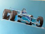  1boy blue_background blue_theme car greg_moore helmet indycar_series jsel92 motor_vehicle painting_(medium) race_vehicle racecar real_life signature spoiler_(automobile) traditional_media vehicle_focus wheel 