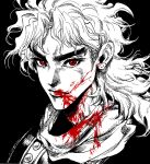  1boy blood blood_on_clothes blood_on_mouth dio_brando ear_piercing greyscale highres jojo_no_kimyou_na_bouken long_hair looking_at_viewer male_focus monochrome my_nameisyoon phantom_blood piercing portrait red_eyes scarf simple_background solo spot_color v-shaped_eyebrows 