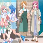  4girls ahoge apron backpack bag blue_apron blue_eyes blue_footwear blue_hair blue_pants blue_skirt bobby_socks bracelet brick_wall bright_pupils coat commentary cut_bangs day denim denim_skirt earrings frilled_sleeves frills green_eyes grey_coat grey_footwear half_updo hand_on_own_hip handbag high_heels hirogaru_sky!_precure holding holding_popsicle jewelry kibou_no_chikara_~otona_precure_&#039;23~ loafers long_hair looking_at_another medium_hair miniskirt mirage_pen monster_rally multiple_girls natsuki_rin necklace nijigaoka_mashiro no_socks open_mouth orange_eyes orange_hair outdoors pants pink_eyes pink_hair pink_skirt precure sandals series_connection shadow shirt shoes short_sleeves side_ponytail skirt sleeveless sleeveless_coat sleeveless_shirt smile sneakers socks sora_harewataru standing walking watch watch white_footwear white_pupils white_socks yes!_precure_5 yumehara_nozomi 