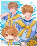  1boy blue_shirt brown_eyes brown_hair closed_mouth flower heart highres jewelry key looking_at_viewer luke_pearce_(tears_of_themis) male_focus multiple_views necklace shirt short_hair short_sleeves smile sunflower sweater tears_of_themis tubayran upper_body yellow_sweater 