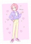  1boy belt border ensemble_stars! full_body green_belt happypuppy_guu heart highres jacket jewelry long_sleeves looking_at_viewer male_focus multicolored_background multicolored_shirt necklace oukawa_kohaku pants pink_background pink_footwear pink_hair pink_shirt purple_jacket shirt shoes short_hair solo star_(symbol) violet_eyes white_border white_shirt yellow_pants 
