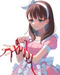  1girl arm_ribbon blush breasts brown_hair dress finger_ribbon highres idolmaster idolmaster_cinderella_girls lvetica medium_breasts pink_dress puffy_sleeves red_ribbon ribbon ribbon_trim sakuma_mayu simple_background smile solo white_background 