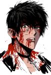  1boy black_choker black_eyes black_hair black_jacket blood blood_on_clothes blood_on_face choker collared_shirt cross cross_choker highres jacket looking_at_viewer male_focus my_nameisyoon nicholas_d._wolfwood parted_lips portrait shirt short_hair simple_background sketch solo teeth trigun white_background white_shirt 
