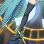  1girl aqua_hair artist_logo black_thighhighs boots chain chained close-up commentary dated digiral english_commentary exodia_the_forbidden_one glowing hatsune_miku highres long_hair magic_circle miniskirt out_of_frame parody piano_print pleated_skirt skindentation skirt solo spring_onion thigh-highs thigh_boots very_long_hair vocaloid yu-gi-oh! zettai_ryouiki 