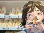  1girl absurdres blurry blurry_background brown_eyes brown_hair close-up convenience_store eyebrows_hidden_by_hair food hands_up hidari_(nanmu-left) highres holding holding_food indoors light_blush looking_at_viewer mole mole_under_eye onigiri original portrait sandwich shelf shop short_hair solo tareme wall 