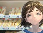  1girl absurdres blurry blurry_background brown_eyes brown_hair close-up closed_mouth convenience_store eyebrows_hidden_by_hair food hidari_(nanmu-left) highres indoors light_blush looking_at_viewer mole mole_under_eye original portrait sandwich shelf shop short_hair smile solo tareme wall 