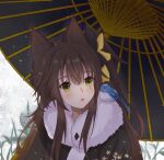  1girl animal_ears black_kimono brown_hair cat_ears dishy_galaxr fur-trimmed_kimono fur_trim girls_frontline green_eyes hair_between_eyes holding holding_umbrella japanese_clothes kemonomimi_mode kimono long_hair official_alternate_costume parted_lips plant portrait scar scar_across_eye solo umbrella ump45_(girls&#039;_frontline) ump45_(lonely_traveler_of_eternity)_(girls&#039;_frontline) 