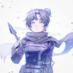  1girl animification apex_legends artist_name belt black_bodysuit black_gloves black_hair black_scarf bodysuit breasts brown_belt character_name dated frown gloves hair_bun highres kunai looking_down medium_breasts no_pupils parted_bangs scarf single_hair_bun solo upper_body weapon white_eyes wraith&#039;s_kunai wraith_(apex_legends) zhangtui_de_luobu 