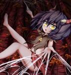  1girl bare_legs barefoot brown_shirt collared_shirt hair_between_eyes kredorf lec_(sequel) navel open_mouth outstretched_arms purple_hair sequel_(series) sequel_awake shirt short_hair silk slit_pupils solo spider_web spread_arms torn_clothes torn_shirt torn_sleeves twintails yellow_eyes 