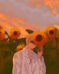  1boy blonde_hair chainsaw_man collared_shirt dekurya denji_(chainsaw_man) eyepatch flower highres non-web_source shirt solo sunflower sunset 