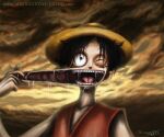  1boy artist_name atomiccircus black_hair elasticity hair_over_eyes hat monkey_d._luffy one_eye_closed one_piece open_mouth saliva scar scar_on_cheek scar_on_face short_hair signature solo solo_focus straw_hat teeth tongue web_address 