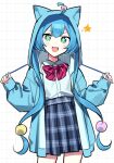  1girl ahoge animal_hood blue_eyes blue_hair blue_jacket blue_skirt bow bowtie cat_hood collared_shirt fangs hatsune_miku hood hood_up hooded_jacket jacket long_hair low-tied_long_hair open_clothes open_jacket open_mouth pink_bow pink_bowtie plaid plaid_skirt pleated_skirt project_sekai shirt skirt smile solo star-shaped_pupils star_(symbol) symbol-shaped_pupils twintails vocaloid waka_(wk4444) white_shirt wonderlands_x_showtime_miku 