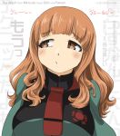  1girl alternate_costume aoneco artist_name asticassia_school_uniform blue_jacket blunt_bangs catchphrase commentary_request copyright_name english_text frown girls_und_panzer gundam gundam_suisei_no_majo half-closed_eyes jacket long_hair looking_to_the_side orange_eyes orange_hair partial_commentary portrait school_uniform signature solo takebe_saori text_background white_background 