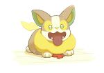  commentary_request fangs full_body green_eyes happy lying no_humans on_stomach open_mouth pokemon pokemon_(creature) rotom rotom_phone shuu_(ssyuu721) tongue tongue_out yamper 