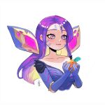  1girl absurdres banana_(bananapie) blonde_hair breasts eating english_commentary facial_mark food fruit highres holding holding_food holding_fruit kai&#039;sa league_of_legends long_hair multicolored_hair parted_bangs peach purple_hair simple_background small_breasts solo upper_body violet_eyes whisker_markings white_background 