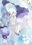  1girl adapted_costume blue_eyes blue_hair bouquet commentary cross-laced_clothes dress flower hair_flower hair_ornament heterochromia highres holding holding_bouquet holding_umbrella kusyamisital125 looking_at_viewer red_eyes short_hair solo tatara_kogasa touhou umbrella wedding_dress white_dress 