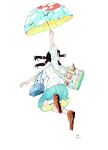  1girl absurdres aqua_skirt arm_up bag blue_bag brown_footwear from_behind highres holding holding_umbrella kawatsu_yuuki legs_up open_mouth original profile shirt shoes short_sleeves shoulder_bag signature simple_background skirt smile solo umbrella white_background white_shirt 