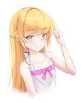  1girl bare_arms blonde_hair closed_mouth collarbone cropped_torso highres kinrucy long_hair monogatari_(series) oshino_shinobu shirt simple_background sleeveless sleeveless_shirt smile solo straight_hair upper_body very_long_hair white_background white_shirt yellow_eyes 