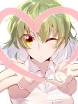  1girl absurdres blowing_kiss blush collared_shirt commentary green_hair hair_between_eyes heart highres itocoh kazami_yuuka one_eye_closed orange_eyes outstretched_arms pov shirt short_hair solo touhou white_background white_shirt 