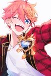  1boy akehoshi_subaru arm_up blue_eyes brooch commentary_request ensemble_stars! gold_trim highres jacket jewelry looking_at_viewer male_focus one_eye_closed open_clothes open_jacket open_mouth orange_hair plaid plaid_jacket red_jacket simple_background solo tongue uoya_(1010_enrs) upper_body white_background 