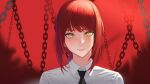  1girl absurdres black_necktie blush chain chainsaw_man closed_mouth collared_shirt highres light_y looking_at_viewer makima_(chainsaw_man) medium_hair necktie portrait red_background redhead shirt smile solo straight_hair white_shirt wing_collar yellow_eyes 