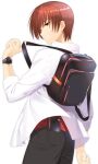  1boy absurdres arm_at_side backpack bag black_pants brown_hair cellphone cowboy_shot from_side grin hand_up highres little_busters! long_sleeves looking_at_viewer looking_back natsume_kyousuke nose otou_(otou_san) pants phone red_eyes red_shirt shirt short_hair simple_background smartphone smile standing straight_hair v-shaped_eyebrows watch watch white_background white_shirt 
