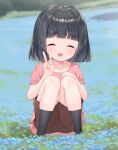  1girl ass black_hair black_socks blunt_bangs brown_shorts closed_eyes field flower flower_field hand_on_own_knee highres makigai makino_yume open_mouth original outdoors pink_shirt shirt short_hair short_sleeves shorts smile socks solo squatting v 