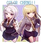  2girls :d ahoge akamatsu_kaede alternate_hair_color blonde_hair boots braid breasts brown_footwear brown_necktie clenched_hand collared_shirt danganronpa:_trigger_happy_havoc danganronpa_(series) danganronpa_v3:_killing_harmony gloves grey_hair hair_ornament hair_ribbon highres index_finger_raised jacket kirigiri_kyoko kirin_(suzoke_1) kneeling large_breasts long_sleeves multicolored_background multiple_girls musical_note musical_note_hair_ornament necktie pink_jacket pleated_skirt purple_gloves purple_ribbon purple_skirt purple_vest ribbon shirt side_braid single_braid skirt smile teeth upper_teeth_only vest violet_eyes white_background white_shirt 