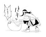  1girl ainu ainu_clothes aosode asirpa asirpa_clubs_the_seal_(meme) bandana cape commentary earrings fish full_body fur_cape golden_kamuy greyscale hitting holding holding_stick hoop_earrings jewelry long_hair long_sleeves meme monochrome motion_lines sacabambaspis short_hair simple_background solo speech_bubble standing stick translated triangle_mouth white_background 