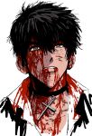  1boy black_choker black_hair blood blood_from_mouth blood_on_clothes blood_on_face choker collarbone collared_shirt cross cross_choker grey_eyes highres looking_at_viewer male_focus messy_hair my_nameisyoon nicholas_d._wolfwood parted_lips portrait shirt short_hair simple_background solo teeth trigun white_background white_shirt 