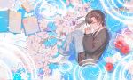 1boy artem_wing_(tears_of_themis) book brown_hair cherry_blossoms closed_eyes closed_mouth from_above full_body highres long_sleeves lying male_focus on_side pajamas short_hair socks solo tears_of_themis tubayran white_socks