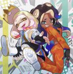  2girls black_gloves black_hair black_leggings blue_eyes blue_hair boots cephalopod_eyes crop_top cross-laced_footwear dark-skinned_female dark_skin fingerless_gloves gloves gradient_hair grin highres jacket lace-up_boots leggings long_hair long_skirt looking_at_viewer marina_(splatoon) mole mole_under_mouth multicolored_hair multiple_girls orange_jacket orange_pants pants pearl_(splatoon) skirt smile smirk smug splatoon_(series) splatoon_3 suction_cups tatedano_kabae tentacle_hair thick_eyebrows unzipped white_footwear white_jacket zipper 