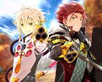  2boys aiming_at_viewer back-to-back blurry blurry_background coat day dragoon_(sekaiju) dragoon_1_(sekaiju) ear_ornament gloves grin hair_between_eyes looking_at_viewer mizuchaya_youkan multiple_boys outdoors pepperbox_revolver pointy_ears redhead sekaiju_no_meikyuu sekaiju_no_meikyuu_5 shield smile upper_body warlock_(sekaiju) warlock_1_(sekaiju) white_coat white_gloves white_hair yellow_eyes 