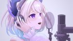  1girl blonde_hair blue_hair blue_nails enna_alouette enna_alouette_(2nd_costume) gradient_hair hand_on_headphones highres microphone_stand multicolored_hair nijisanji nijisanji_en open_mouth shima_(smsm2) short_hair solo violet_eyes virtual_youtuber 