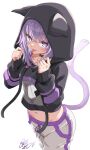  1girl :3 animal_ears cat_ears cat_tail collar from_below highres hololive hood hood_up hooded_jacket jacket light_purple_hair looking_at_viewer navel nekomata_okayu purple_hair short_hair smile solo tail tongue tongue_out violet_eyes virtual_youtuber watanabe_masafumi_(masafumi_127) 