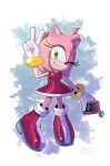  1girl amy_rose artist_name dress gloves green_eyes headband highres holding holding_phone looking_at_viewer one_eye_closed phone red_dress red_headband ryan_rudnick shoes simple_background solo sonic_(series) v watermark white_gloves 