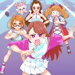  5girls ^^^ ai-chan_(dokidoki!_precure) aisaki_emiru asymmetrical_bangs backpack bag bob_cut bow bright_pupils brown_hair collared_shirt commentary constricted_pupils diffraction_spikes dokidoki!_precure dress earrings fairy_tone floating frilled_sleeves frills frown glaring hair_bow hair_pulled_back hijiri_ageha hirogaru_sky!_precure holding hugtto!_precure jewelry long_hair looking_at_another looking_at_viewer madoka_aguri medium_hair miniskirt mirage_pen monster_rally multiple_girls open_mouth orange_eyes orange_hair overalls pink_footwear pink_shirt pleated_skirt precure purple-framed_eyewear randoseru red_bow red_dress red_eyes ring semi-rimless_eyewear shirabe_ako shirt shoes short_hair short_sleeves skirt sneakers socks solid_oval_eyes standing suite_precure t-shirt twintails under-rim_eyewear v-shaped_eyebrows violet_eyes white_overalls white_pupils white_shirt white_skirt white_socks 