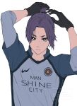 1boy arms_up black_gloves blue_lock blue_shirt closed_mouth collared_shirt gloves highres lllou_illust looking_at_viewer male_focus mikage_reo purple_hair shirt short_eyebrows short_hair short_ponytail simple_background soccer_uniform solo sportswear twitter_username upper_body v-shaped_eyebrows violet_eyes white_background 